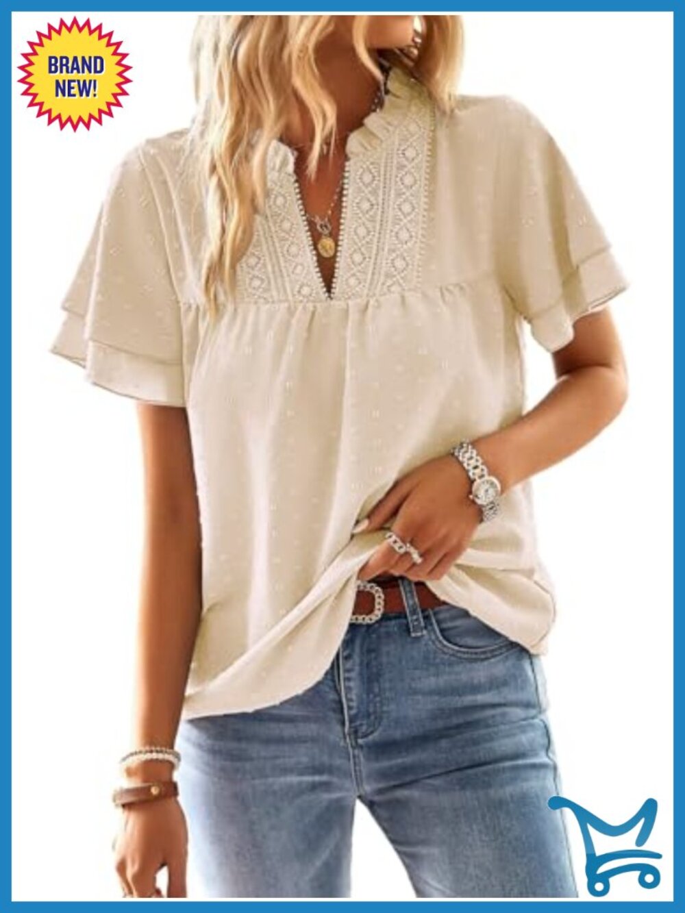 Womens V-Neck Crochet Lace Short Sleeve Tunic Top Boho Flowy Blouse